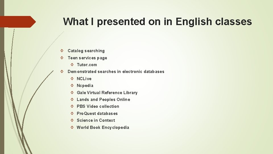 What I presented on in English classes Catalog searching Teen services page Tutor. com