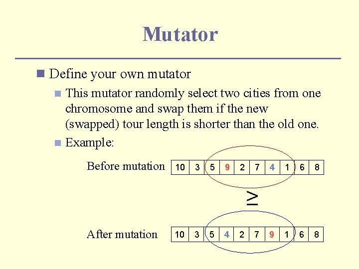 Mutator n Define your own mutator n This mutator randomly select two cities from