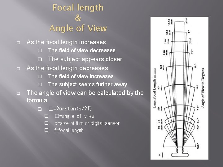 Focal length & Angle of View q As the focal length increases q The