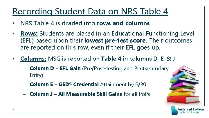 Recording Student Data on NRS Table 4 • NRS Table 4 is divided into