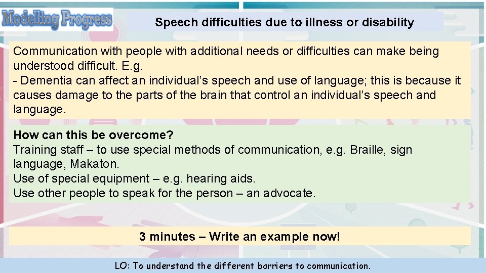 Speech difficulties due to illness or disability Communication with people with additional needs or
