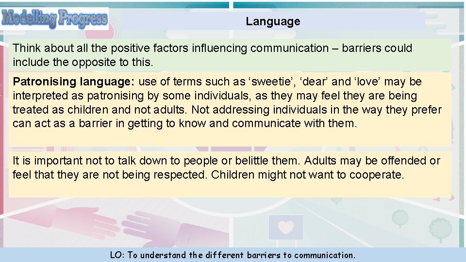 Language Think about all the positive factors influencing communication – barriers could include the
