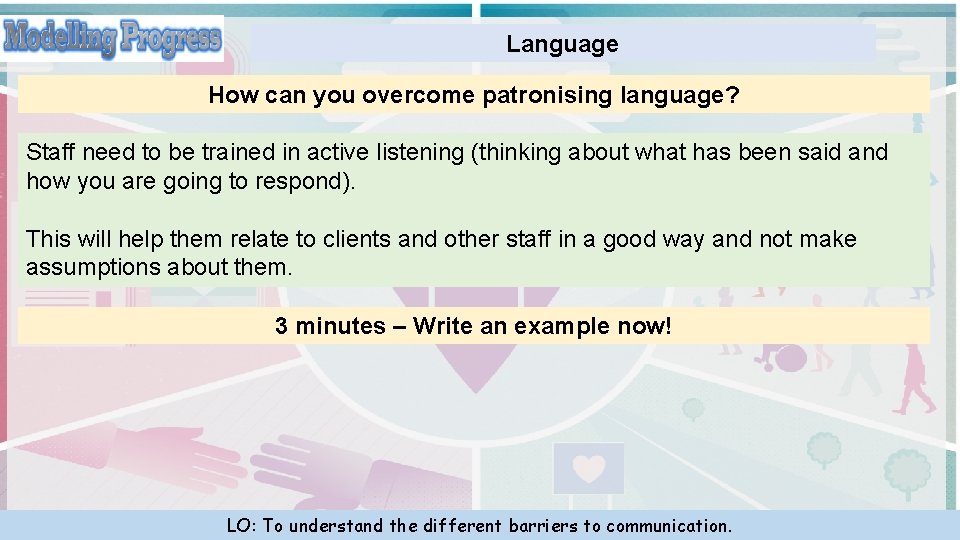 Language How can you overcome patronising language? Staff need to be trained in active