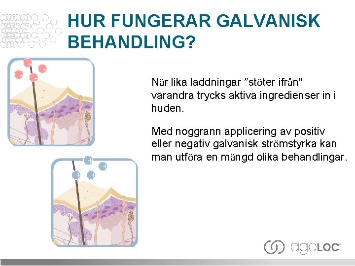 HUR FUNGERAR GALVANISK BEHANDLING? - - När lika laddningar ”stöter ifrån" varandra trycks aktiva