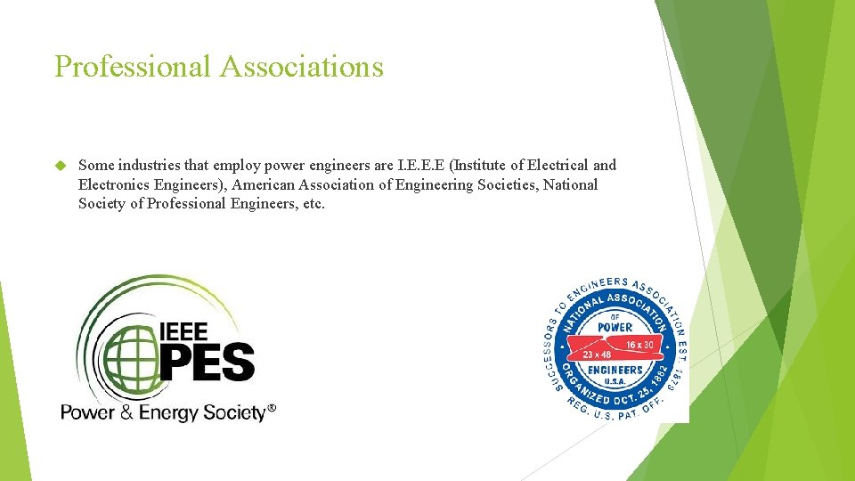 Professional Associations Some industries that employ power engineers are I. E. E. E (Institute