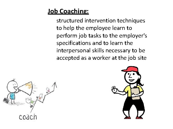 Job Coaching: structured intervention techniques to help the employee learn to perform job tasks