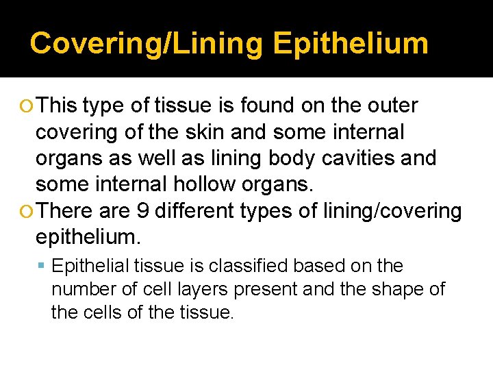 Covering/Lining Epithelium This type of tissue is found on the outer covering of the