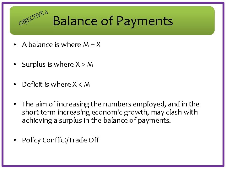 E 4 E V I CT OBJ Balance of Payments • A balance is