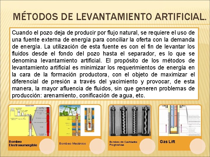 MÉTODOS DE LEVANTAMIENTO ARTIFICIAL. Cuando el pozo deja de producir por flujo natural, se