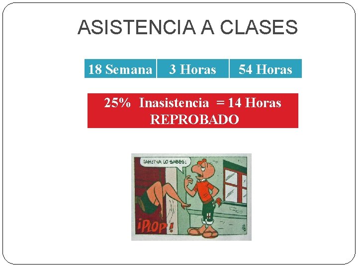 ASISTENCIA A CLASES 18 Semana 3 Horas 54 Horas 25% Inasistencia = 14 Horas