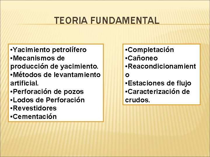 TEORIA FUNDAMENTAL • Yacimiento petrolífero • Mecanismos de producción de yacimiento. • Métodos de