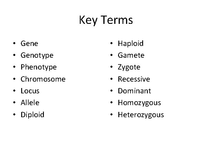 Key Terms • • Gene Genotype Phenotype Chromosome Locus Allele Diploid • • Haploid