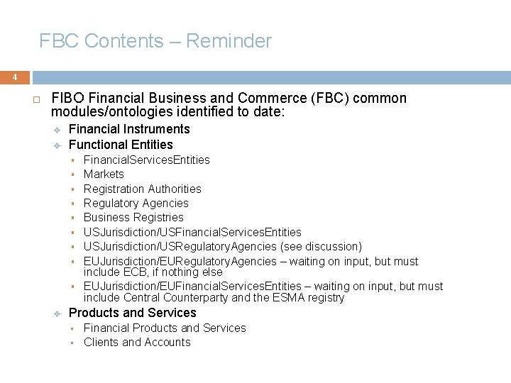 FBC Contents – Reminder 4 FIBO Financial Business and Commerce (FBC) common modules/ontologies identified