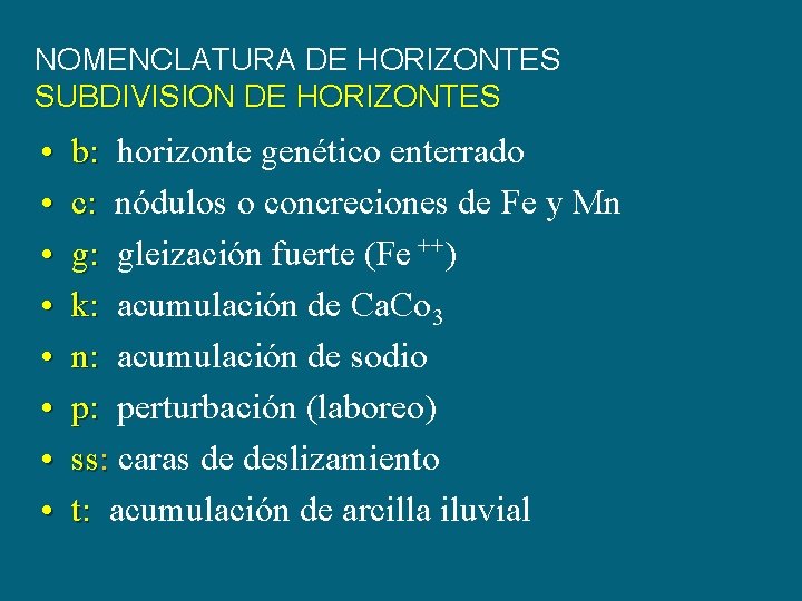 NOMENCLATURA DE HORIZONTES SUBDIVISION DE HORIZONTES • • b: horizonte genético enterrado c: nódulos