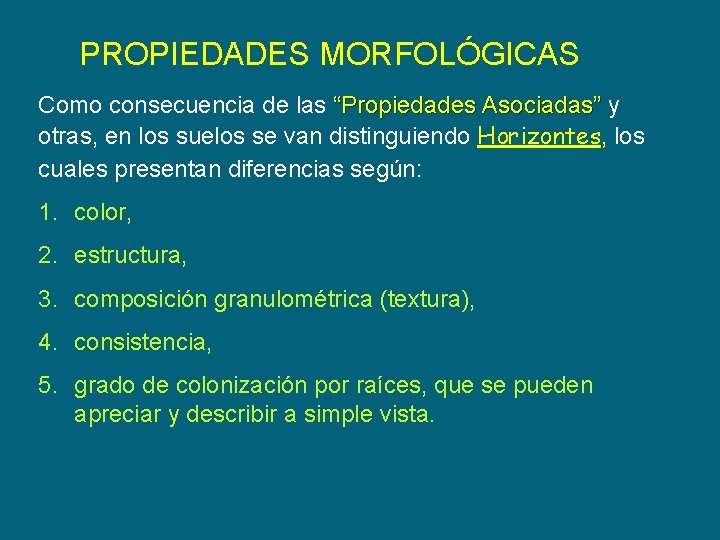 PROPIEDADES MORFOLÓGICAS Como consecuencia de las “Propiedades Asociadas” y otras, en los suelos se