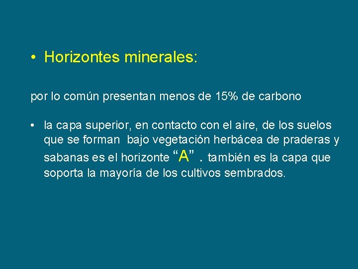  • Horizontes minerales: por lo común presentan menos de 15% de carbono •