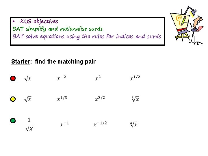  • KUS objectives BAT simplify and rationalise surds BAT solve equations using the
