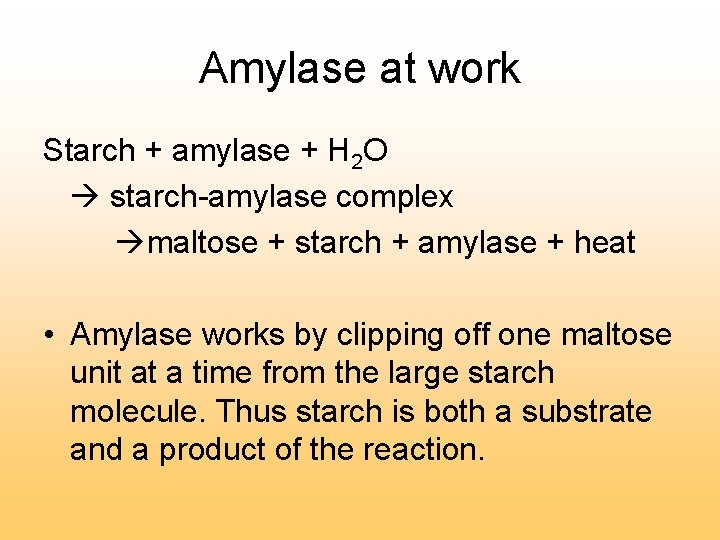 Amylase at work Starch + amylase + H 2 O starch-amylase complex maltose +