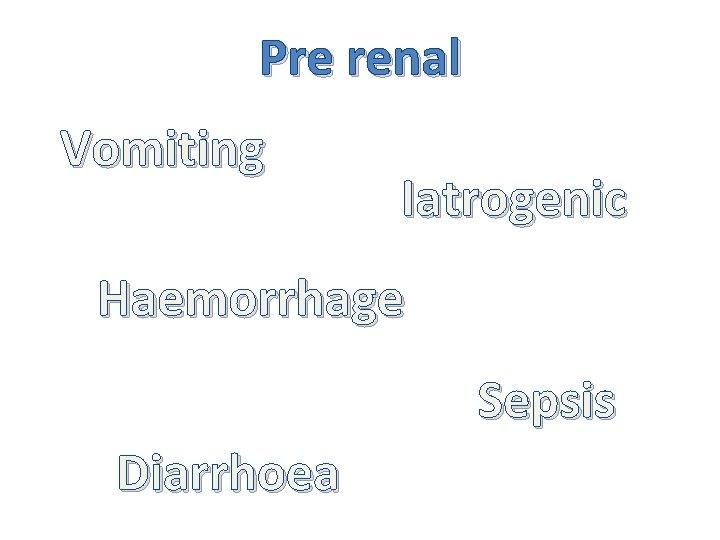 Pre renal Vomiting Iatrogenic Haemorrhage Sepsis Diarrhoea 