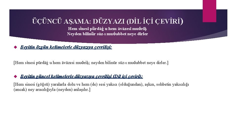 ÜÇÜNCÜ AŞAMA: DÜZYAZI (DİL İÇİ ÇEVİRİ) Hem sìnesi pürdāġ u hem āvāzesi muóriḳ Neyden