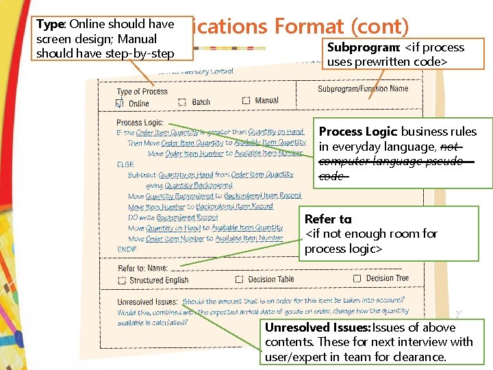 Process Specifications Format (cont) Type: Online should have screen design; Manual should have step-by-step