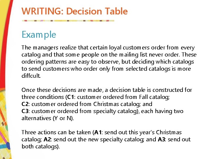 WRITING: Decision Table Example The managers realize that certain loyal customers order from every