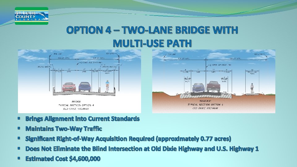 OPTION 4 – TWO-LANE BRIDGE WITH MULTI-USE PATH § § § Brings Alignment into
