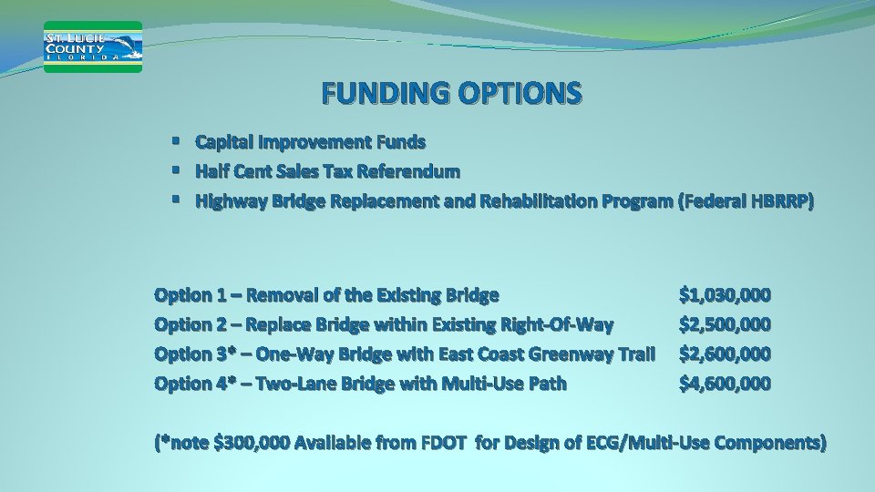 FUNDING OPTIONS § Capital Improvement Funds § Half Cent Sales Tax Referendum § Highway