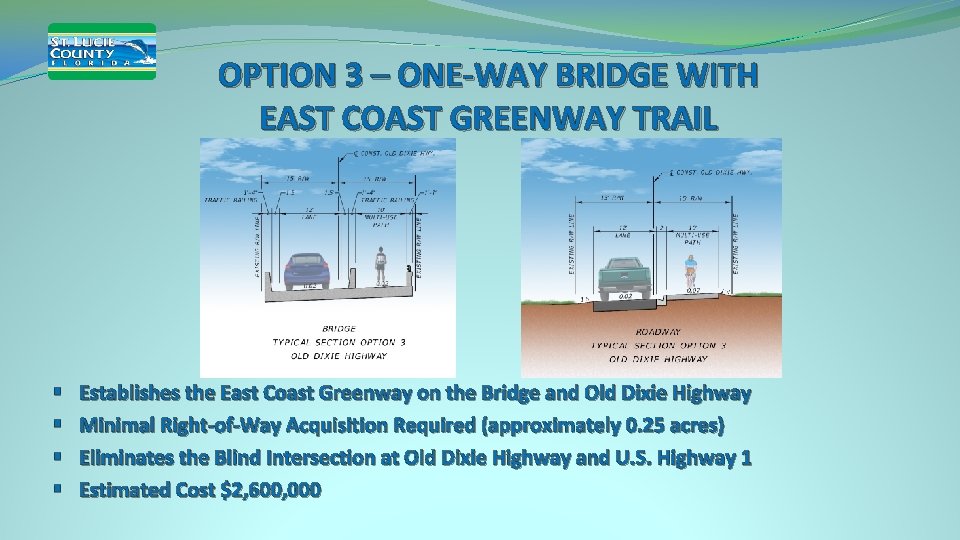 OPTION 3 – ONE-WAY BRIDGE WITH EAST COAST GREENWAY TRAIL § § Establishes the