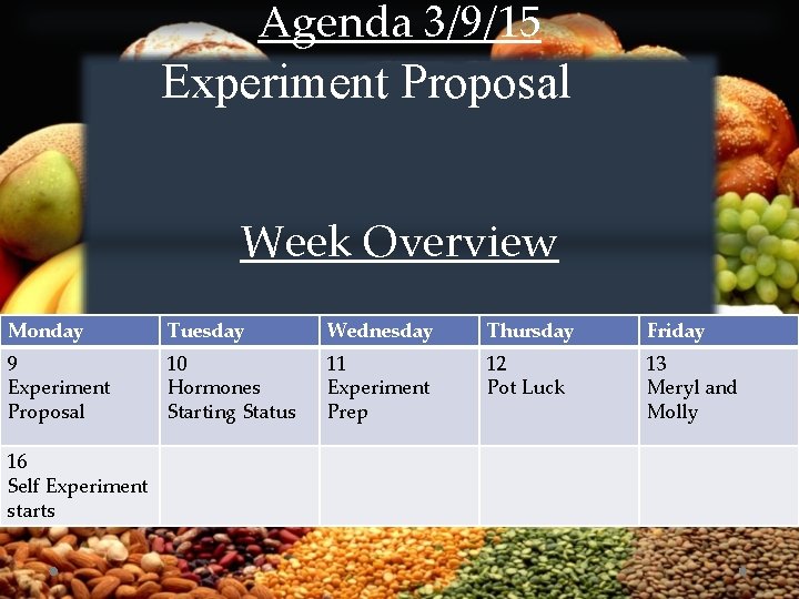 Agenda 3/9/15 Experiment Proposal Week Overview Monday Tuesday Wednesday Thursday Friday 9 Experiment Proposal