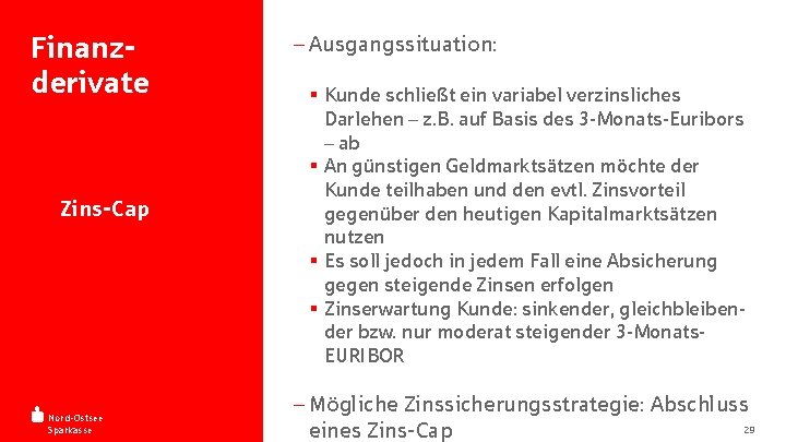 Finanzderivate - Zins-Cap Nord-Ostsee Sparkasse - Ausgangssituation: § Kunde schließt ein variabel verzinsliches Darlehen