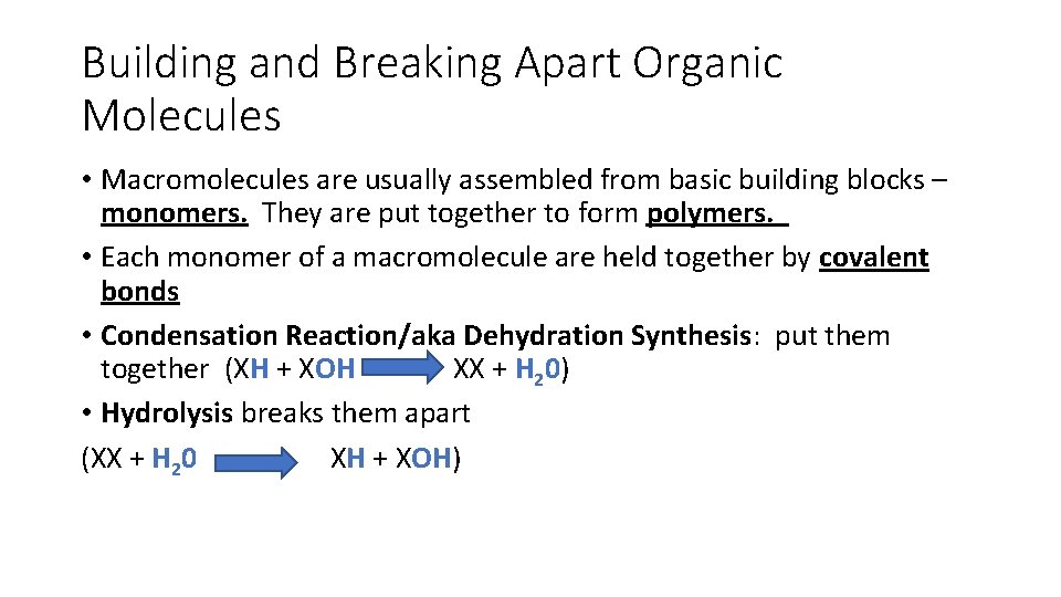 Building and Breaking Apart Organic Molecules • Macromolecules are usually assembled from basic building