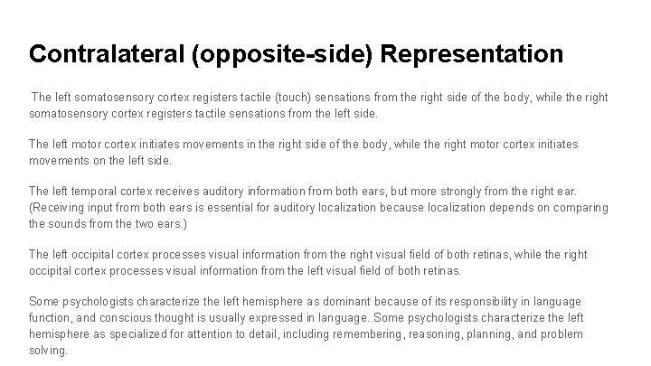 Contralateral (opposite-side) Representation The left somatosensory cortex registers tactile (touch) sensations from the right