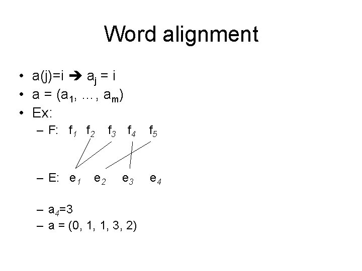 Word alignment • a(j)=i aj = i • a = (a 1, …, am)