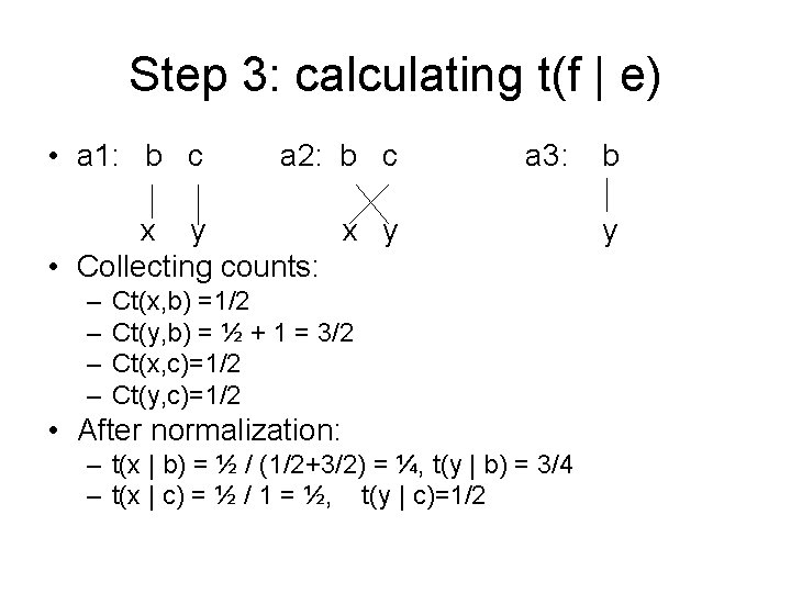 Step 3: calculating t(f | e) • a 1: b c a 2: b