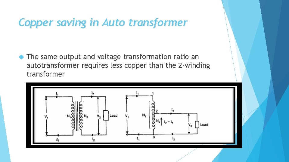 Copper saving in Auto transformer The same output and voltage transformation ratio an autotransformer