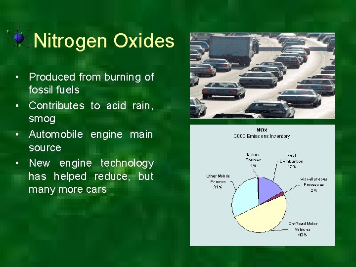 Nitrogen Oxides • Produced from burning of fossil fuels • Contributes to acid rain,