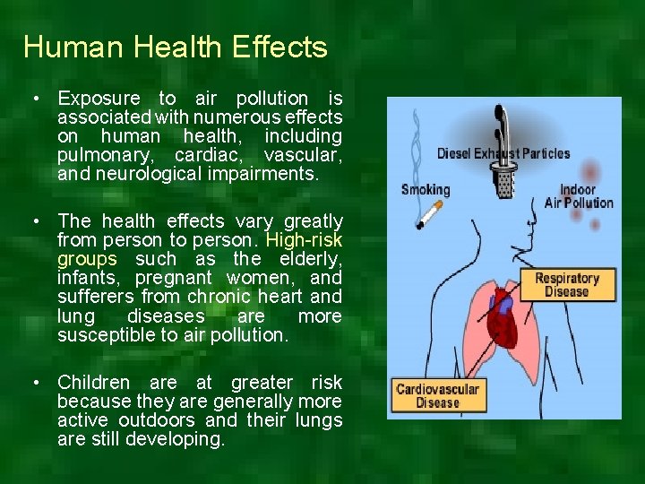 Human Health Effects • Exposure to air pollution is associated with numerous effects on