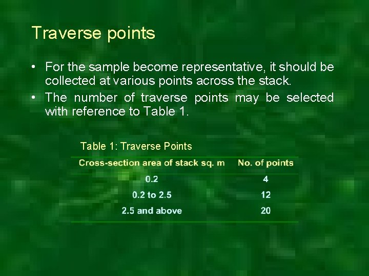Traverse points • For the sample become representative, it should be collected at various