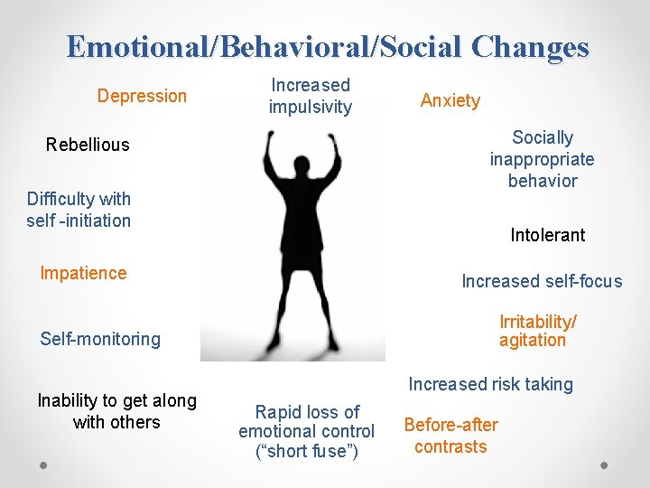 Emotional/Behavioral/Social Changes Depression Increased impulsivity Anxiety Socially inappropriate behavior Rebellious Difficulty with self -initiation