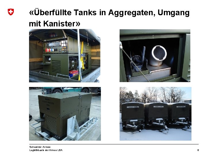  «Überfüllte Tanks in Aggregaten, Umgang mit Kanister» Schweizer Armee Logistikbasis der Armee LBA