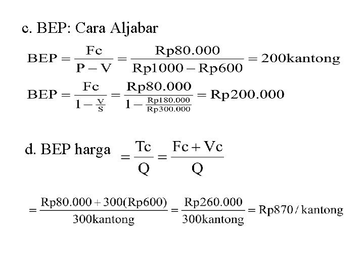 c. BEP: Cara Aljabar d. BEP harga 