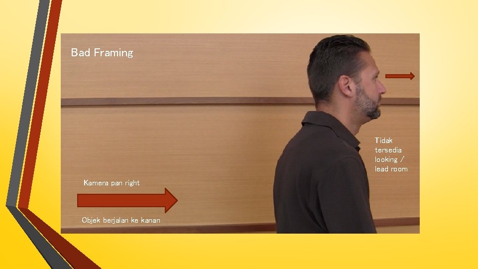 Bad Framing Tidak tersedia looking / lead room Kamera pan right Objek berjalan ke