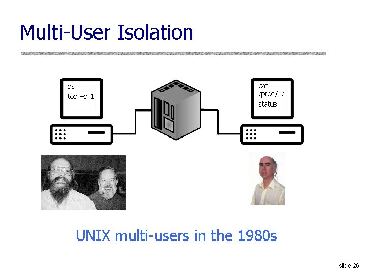 Multi-User Isolation ps top –p 1 cat /proc/1/ status UNIX multi-users in the 1980