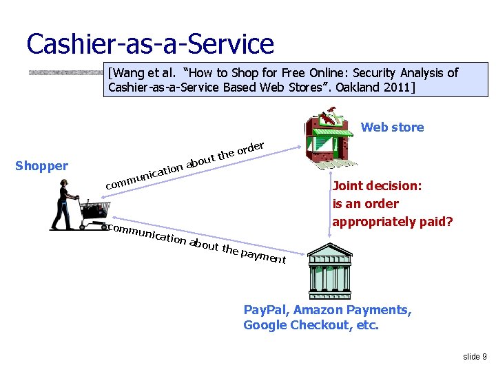 Cashier-as-a-Service [Wang et al. “How to Shop for Free Online: Security Analysis of Cashier-as-a-Service