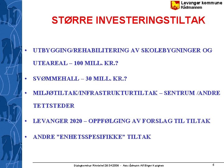 Levanger kommune Rådmannen STØRRE INVESTERINGSTILTAK • UTBYGGING/REHABILITERING AV SKOLEBYGNINGER OG UTEAREAL – 100 MILL.