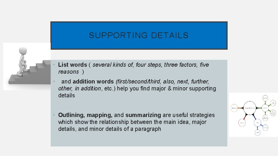 SUPPORTING DETAILS • List words ( several kinds of, four steps, three factors, five