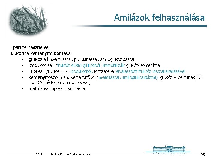 Amilázok felhasználása Ipari felhasználás kukorica keményítő bontása glükóz eá. amilázzal, pullulanázzal, amiloglükozidázzal izocukor eá.