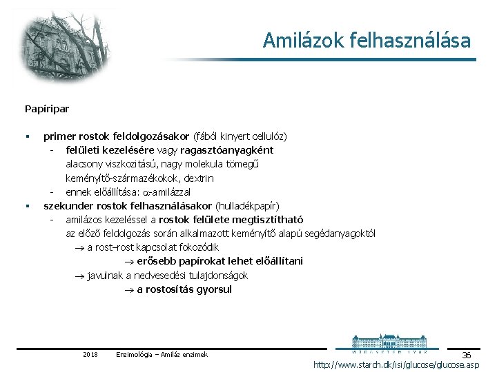 Amilázok felhasználása Papíripar § § primer rostok feldolgozásakor (fából kinyert cellulóz) felületi kezelésére vagy