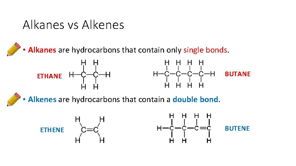 Alkanes vs Alkenes • Alkanes are hydrocarbons that contain only single bonds. ETHANE BUTANE